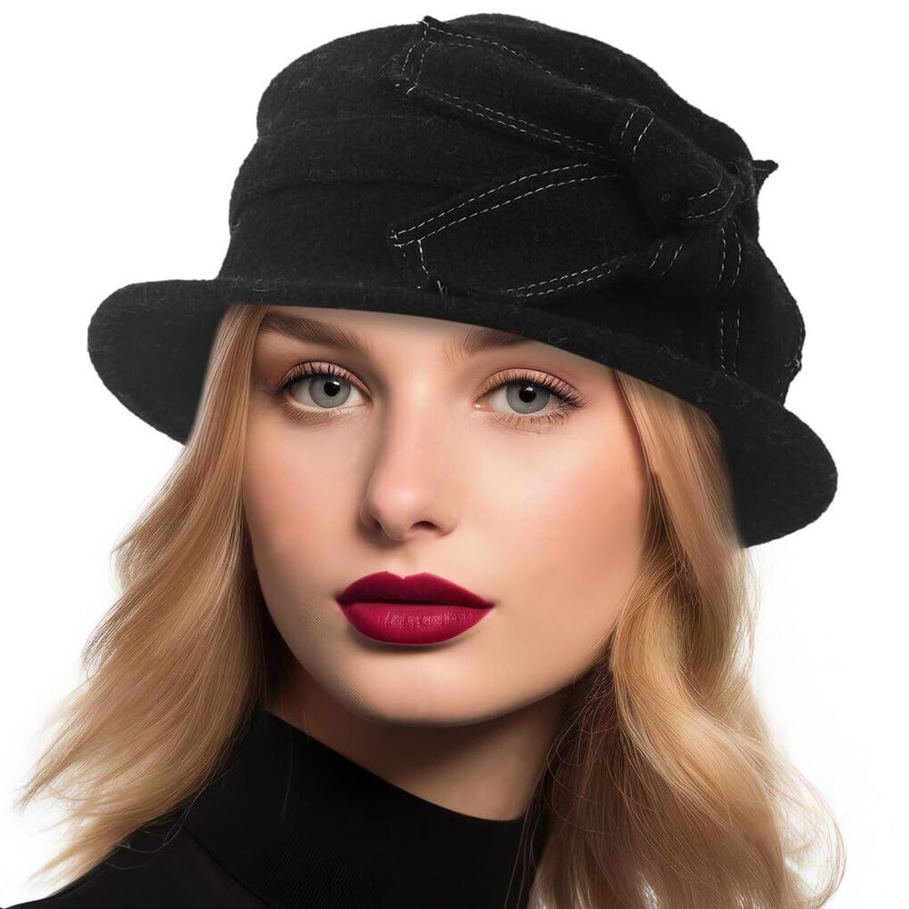 8714 Women Vintage Felt Bucket Hat Winter Wool Dress Beret Hat (c021-black)